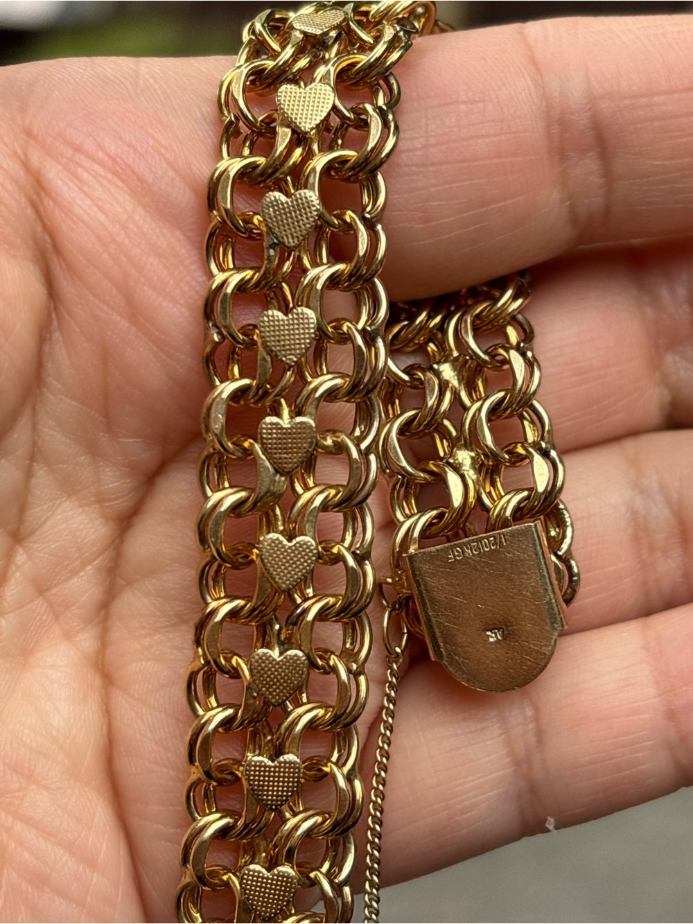 Vintage 12K Gold Filled Heart Link Bracelet 7.5” Wide Statement Bracelet